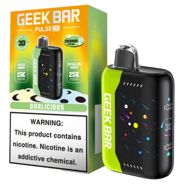 Dualicious Geek Bar Pulse X 25k disposable vape with colorful mixed-fruit design and Pulse X smart display.