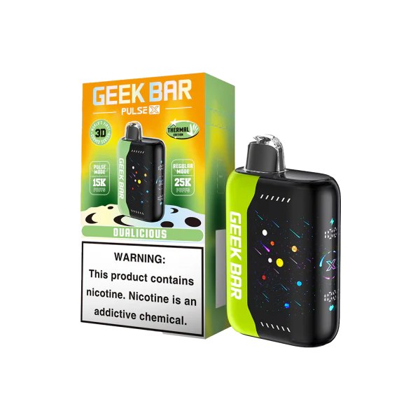 Dualicious-Geekbarpulsex25000_800X Dualicious Geek Bar Pulse X 25k disposable vape with colorful mixed-fruit design and Pulse X smart display.