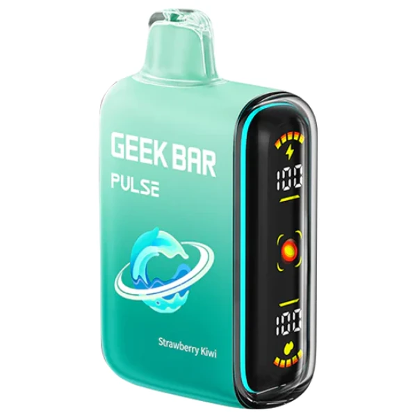 Strawberry Kiwi Geek Bar Pulse disposable vape with strawberry and kiwi fruit graphics on a clean background.