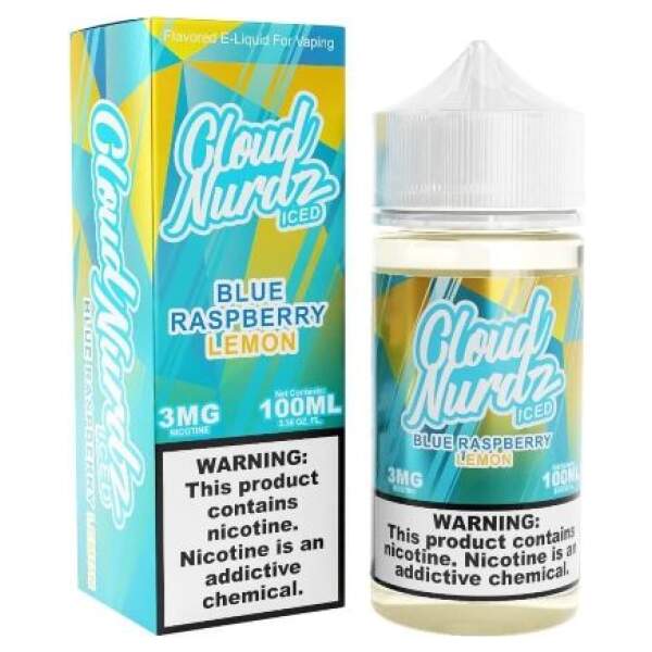 Iced Blue Raspberry Lemon Cloud Nurdz 100ml e-liquid bottle with blue raspberry and lemon candy graphics.