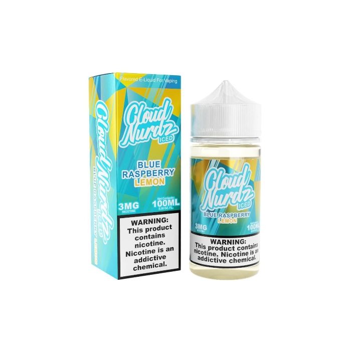 Iced Blue Raspberry Lemon Cloud Nurdz 100Ml Iced Blue Raspberry Lemon Cloud Nurdz 100ml e-liquid bottle with blue raspberry and lemon candy graphics.