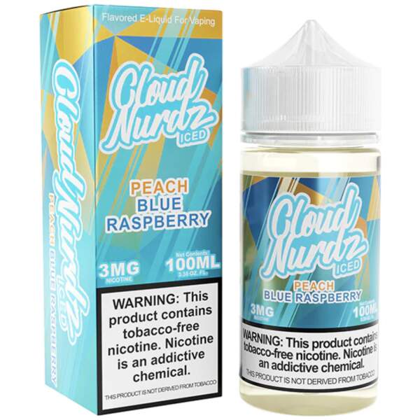 Iced Blue Raspberry Peach Cloud Nurdz 100ml e-liquid bottle with blue raspberry and peach candy graphics and icy accents.
