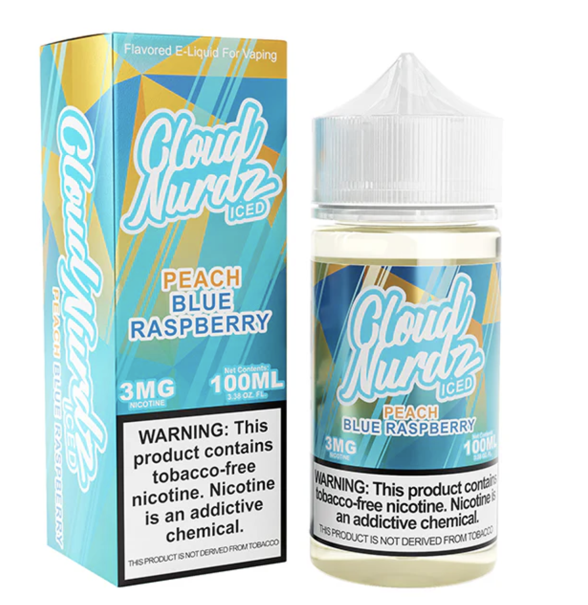 Iced Blue Raspberry Peach Cloud Nurdz 100Ml Iced Blue Raspberry Peach Cloud Nurdz 100ml e-liquid bottle with blue raspberry and peach candy graphics and icy accents.
