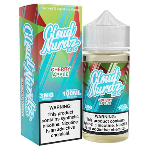 Iced Cherry Apple Cloud Nurdz 100ml e-liquid bottle with cherry and green apple candy graphics and icy accents.