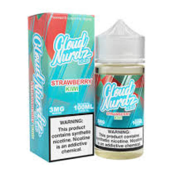 Iced Strawberry Kiwi Cloud Nurdz 100ml e-liquid bottle with strawberry and kiwi candy graphics and icy accents.