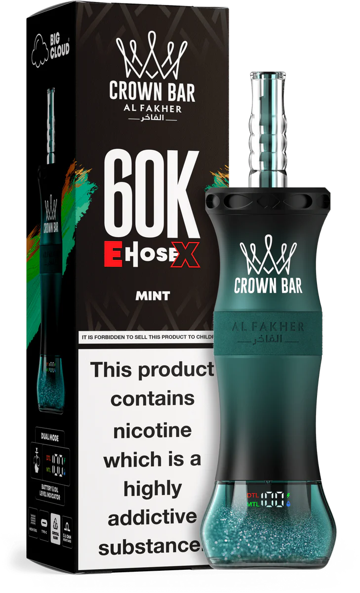 Mint Al Fakher Crown Bar E Hose X 60K Mint Al Fakher Crown Bar E Hose X 60k disposable device with mint-themed flavor graphics.