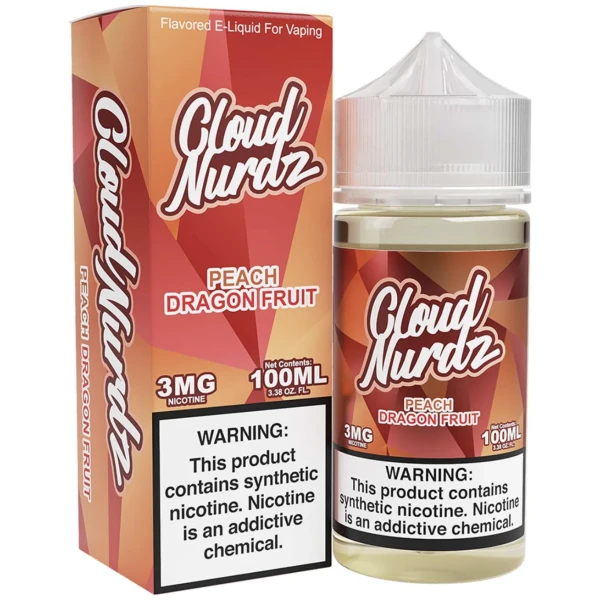 Peach Dragonfruit Cloud Nurdz 100ml e-liquid bottle with peach and dragonfruit fruit graphics.