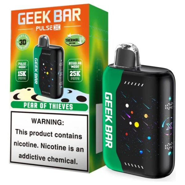 Pear of Thieves Geek Bar Pulse X 25k disposable vape with pear-themed graphics and Pulse X smart display.
