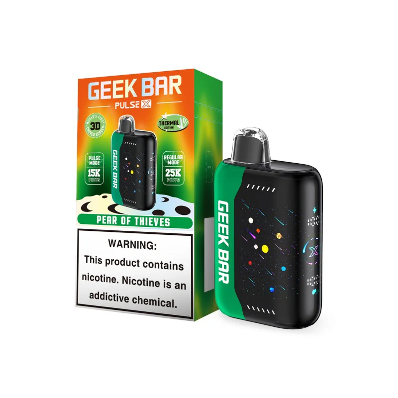 Pulsex-Thermal-Box_Pear-Of-Thieves-800X800 Pear of Thieves Geek Bar Pulse X 25k disposable vape with pear-themed graphics and Pulse X smart display.