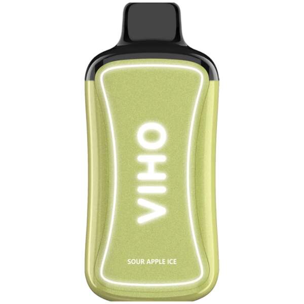 Sour Apple Ice VIHO Supercharge ZERO Nicotine vape with sour green apple and icy-themed artwork.