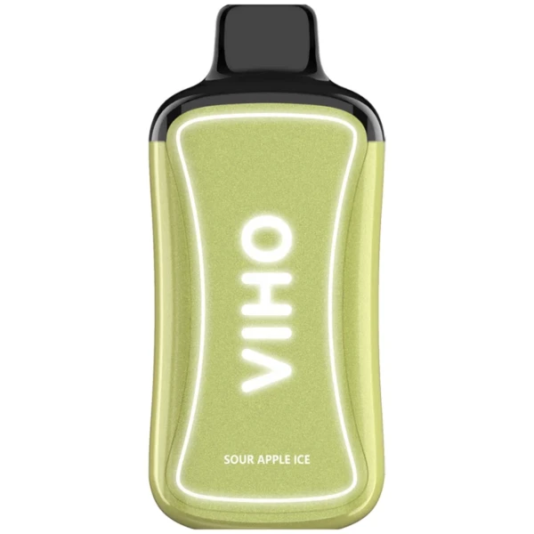 Sour Apple Ice VIHO Supercharge ZERO Nicotine vape with sour green apple and icy-themed artwork.