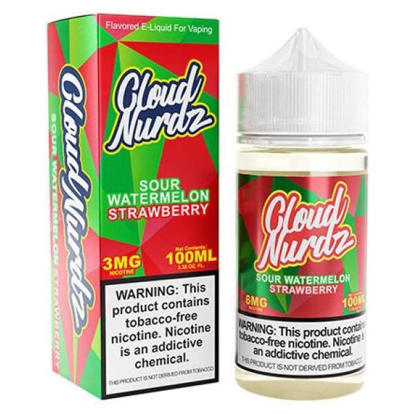 Sour Watermelon Strawberry Cloud Nurdz 100ml e-liquid bottle with watermelon and strawberry candy graphics.