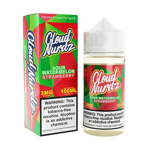 Sour Watermelon Strawberry Cloud Nurdz 100Ml Sour Watermelon Strawberry Cloud Nurdz 100ml e-liquid bottle with watermelon and strawberry candy graphics.