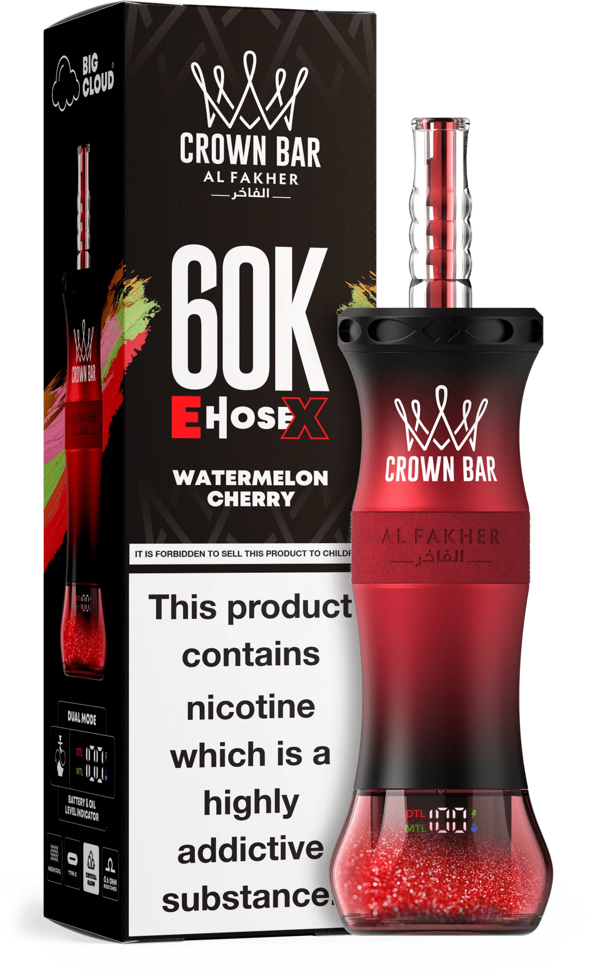 Watermelon Cherry Al Fakher Crown Bar E Hose X 60K Watermelon Cherry Al Fakher Crown Bar E Hose X 60k disposable device with watermelon and cherry flavor graphics.