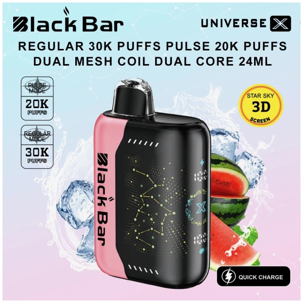 Watermelon Ice Black Bar Universe X disposable vape with watermelon fruit graphics and icy blue accents.