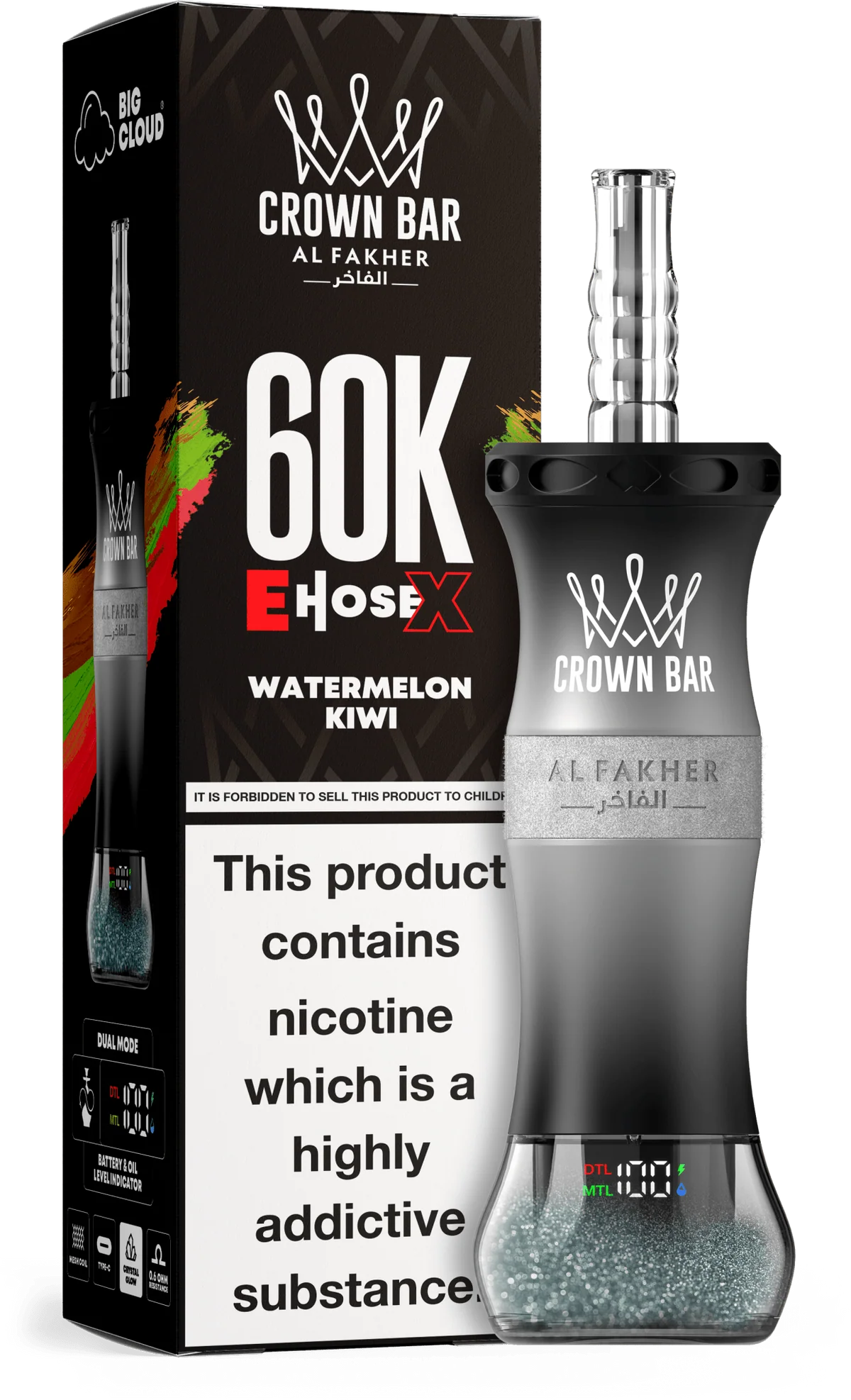 Watermelon Kiwi Al Fakher Crown Bar E Hose X 60K Watermelon Kiwi Al Fakher Crown Bar E Hose X 60k disposable device with watermelon and kiwi flavor graphics.