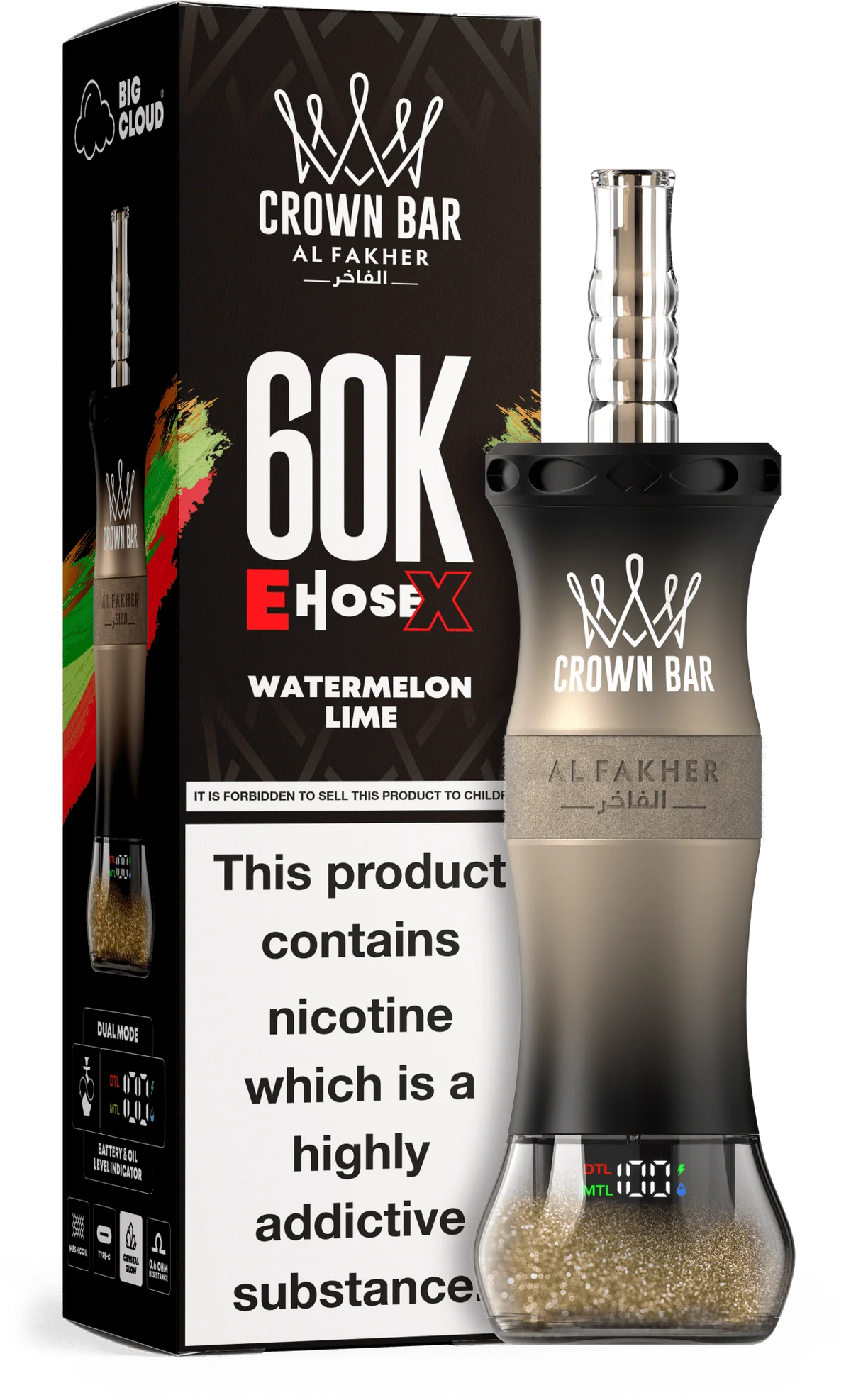 Watermelon Lime Al Fakher Crown Bar E Hose X 60k disposable device with watermelon and lime flavor graphics.