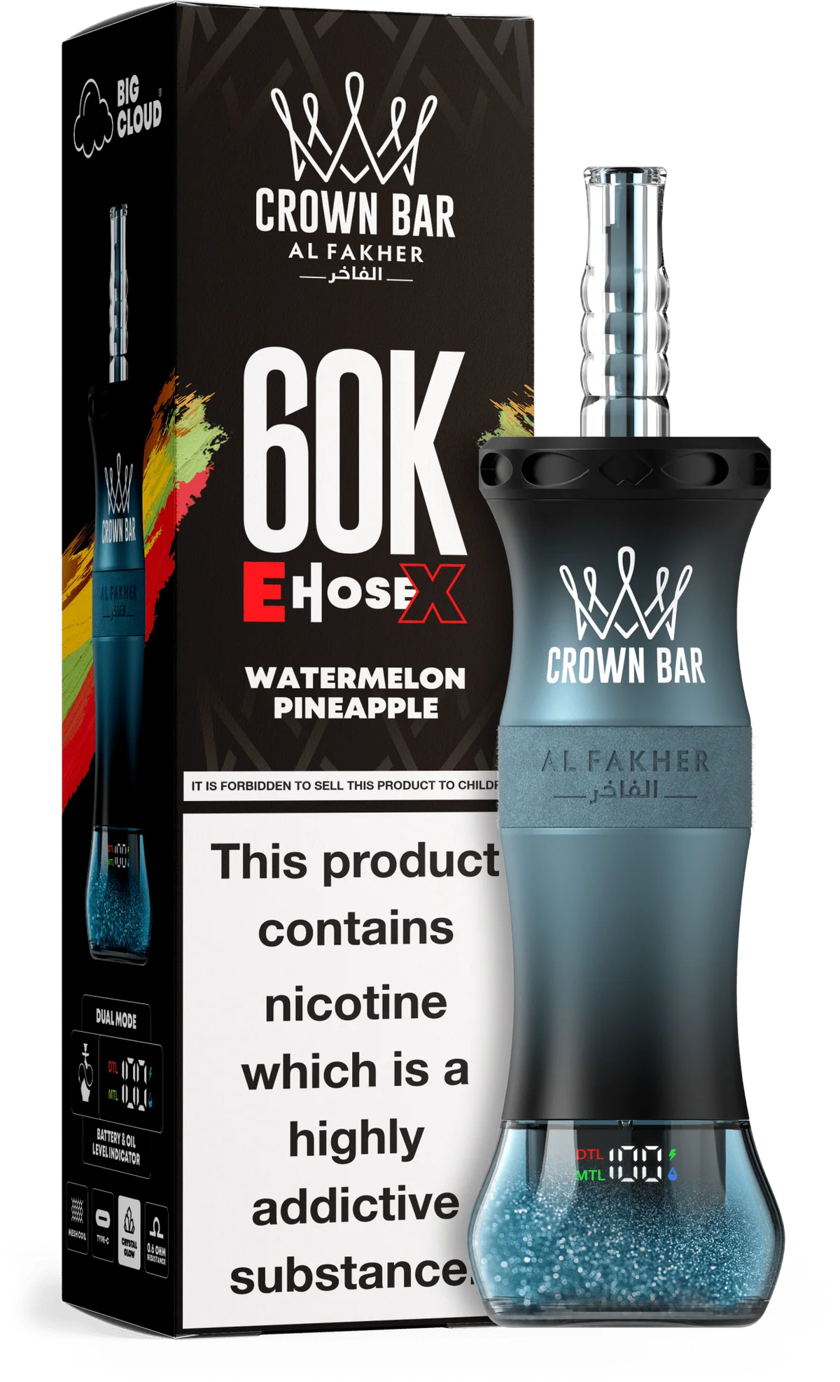 Watermelon Pineapple Al Fakher Crown Bar E Hose X 60K Watermelon Pineapple Al Fakher Crown Bar E Hose X 60k disposable device with watermelon and pineapple flavor graphics.