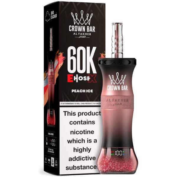Peach Ice Al Fakher Crown Bar E Hose X 60k disposable device with peach and ice-themed flavor graphics.
