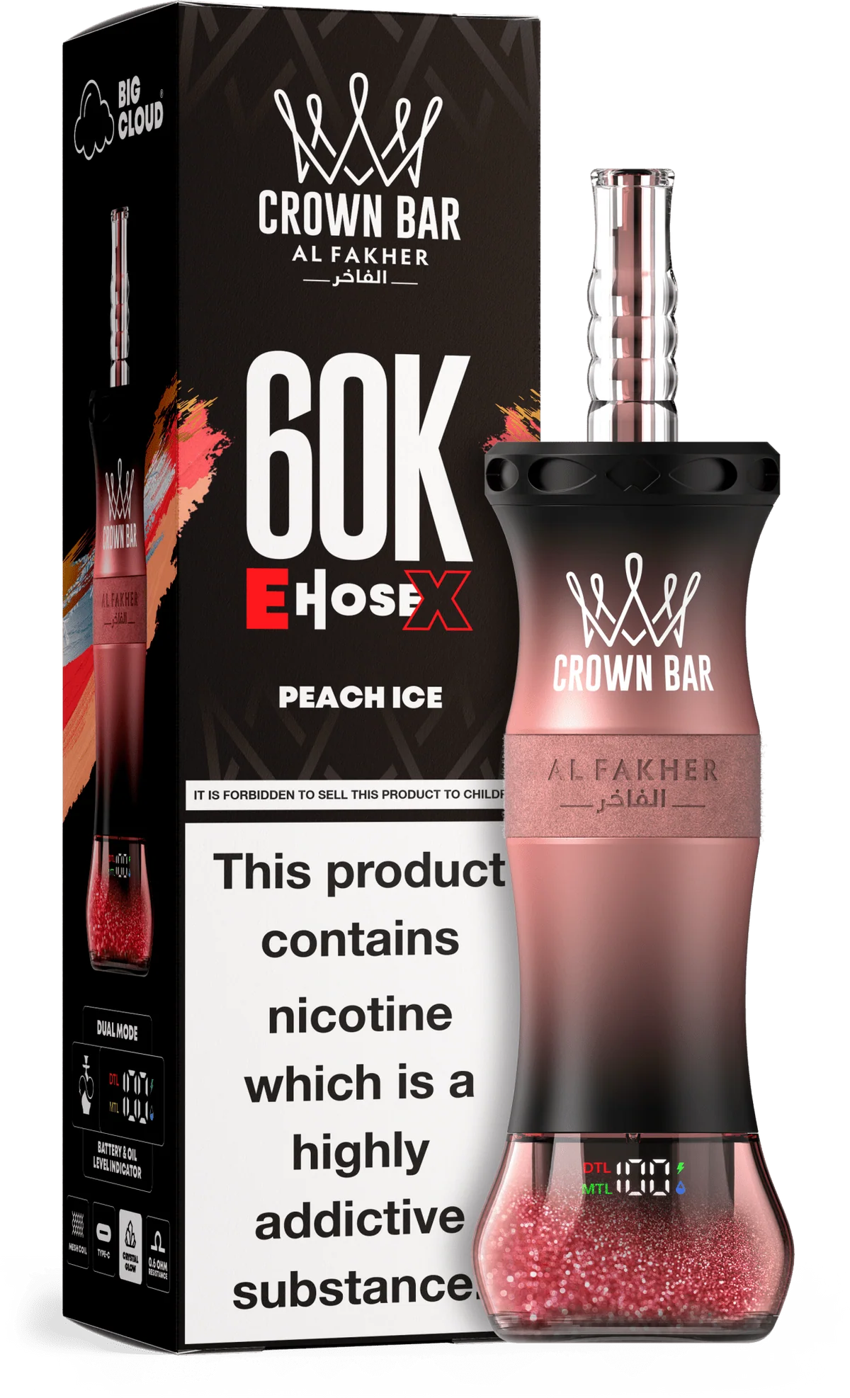 Peach Ice Al Fakher Crown Bar E Hose X 60k disposable device with peach and ice-themed flavor graphics.