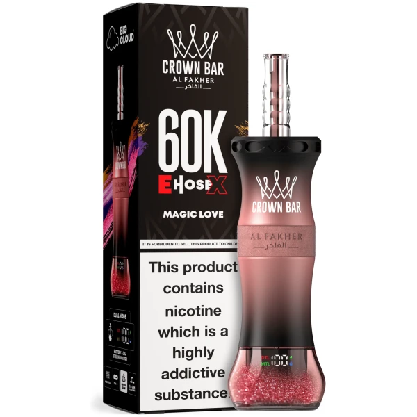 Magic Love Al Fakher Crown Bar E Hose X 60k disposable vape with tropical fruit and floral graphic.