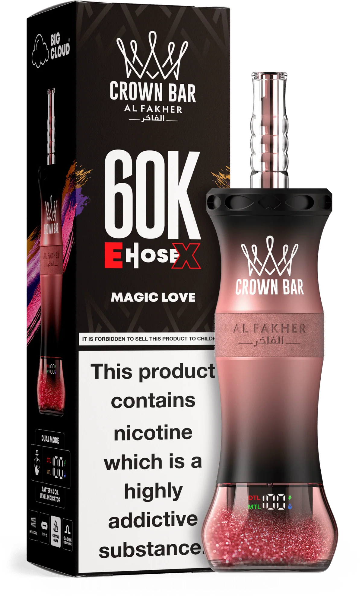 Al-Fakher-Crown-Bar-E-Hose-X-60K-Vape-Vapeboo-3383709 Magic Love Al Fakher Crown Bar E Hose X 60k disposable vape with tropical fruit and floral graphic.
