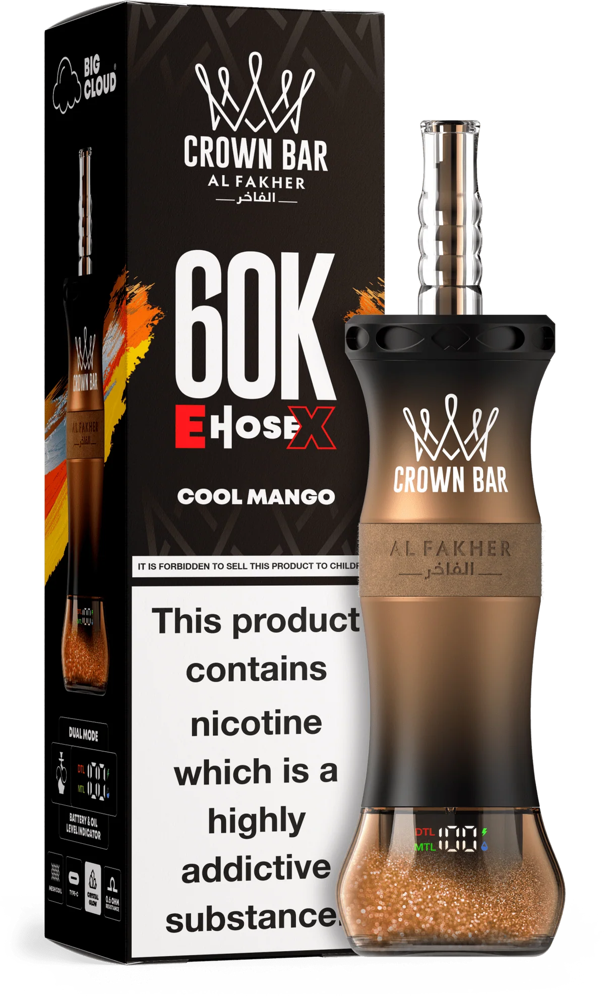 Al-Fakher-Crown-Bar-E-Hose-X-60K-Vape-Vapeboo-5681760 Cool Mango Al Fakher Crown Bar E Hose X 60k disposable vape with mango and icy mint graphics.
