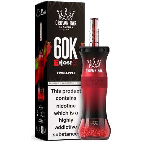 A 50ml Two Apple Al Fakher Crown Bar E Hose X 60k disposable device with double apple flavor graphics. by Vape4Less.