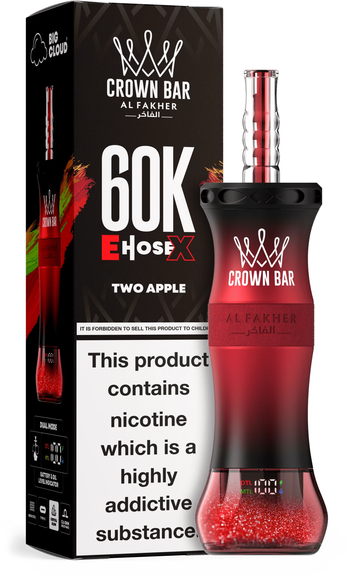 Two Apple Al Fakher Crown Bar E Hose X 60k disposable device with double apple flavor graphics.