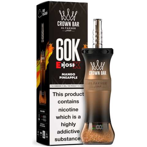 A 50ml Mango Pineapple Al Fakher Crown Bar E Hose X 60k disposable device with mango and pineapple flavor graphics. by Vape4Less.