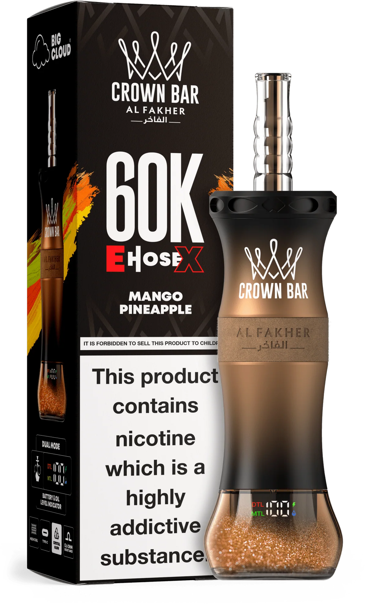 Mango Pineapple Al Fakher Crown Bar E Hose X 60k disposable device with mango and pineapple flavor graphics.