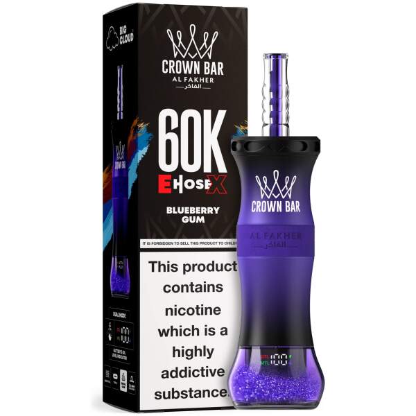 Blueberry Gum Al Fakher Crown Bar E Hose X 60k disposable vape with blue gummy and blueberry graphics.