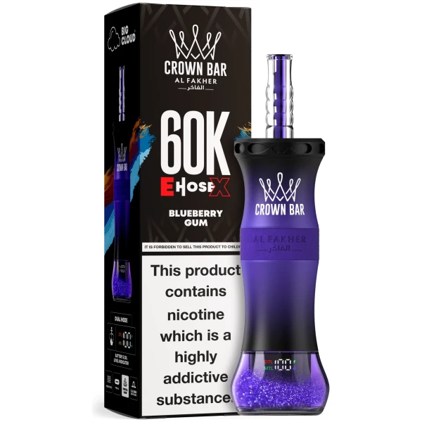Blueberry Gum Al Fakher Crown Bar E Hose X 60k disposable vape with blue gummy and blueberry graphics.