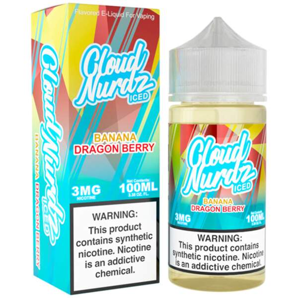 Iced Banana Dragon Berry Cloud Nurdz 100ml e-liquid bottle with banana, dragon fruit, and mixed berry candy graphics and icy accents.