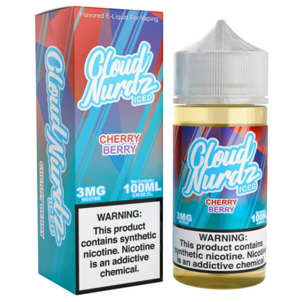 Iced Cherry Berry Cloud Nurdz 100ml e-liquid bottle with cherry and mixed berry candy graphics and icy accents.