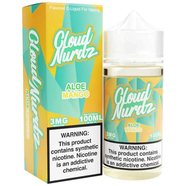 Aloe Mango Cloud Nurdz 100ml e-liquid bottle with aloe and mango candy graphics.