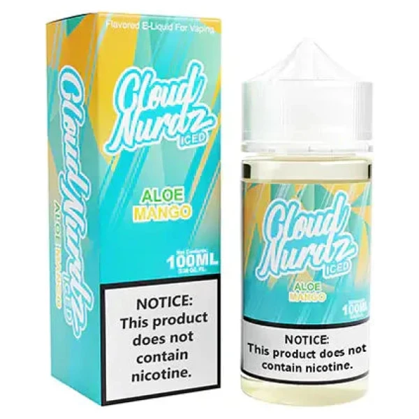 Iced Aloe Mango Cloud Nurdz 100ml e-liquid bottle with aloe and mango candy graphics and icy accents.