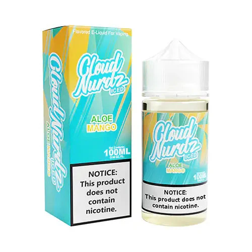 Iced Aloe Mango Cloud Nurdz 100ml e-liquid bottle with aloe and mango candy graphics and icy accents.
