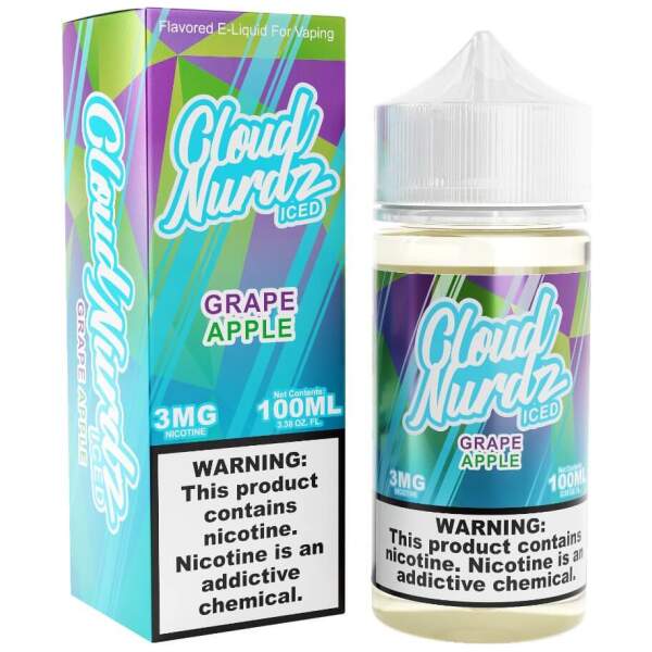 Iced Apple Grape Cloud Nurdz 100ml e-liquid bottle with apple and grape candy graphics and icy accents.