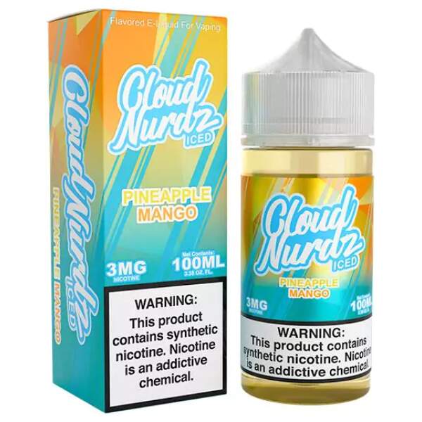 Iced Pineapple Mango Cloud Nurdz 100ml e-liquid bottle with pineapple and mango candy graphics and icy accents.
