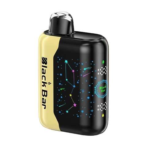 A 18ml Mexico Mango Black Bar Universe X disposable vape with ripe mango fruit graphics on the device. by Vape4Less.
