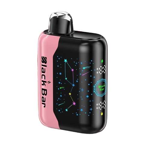 A 18ml Strawberry Mango Black Bar Universe X disposable vape with strawberry and mango fruit graphics on a sleek device. by Vape4Less.