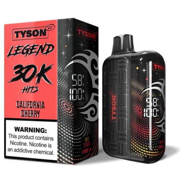 California Cherry Tyson 2.0 Legend 30K disposable vape with cherry-themed artwork.
