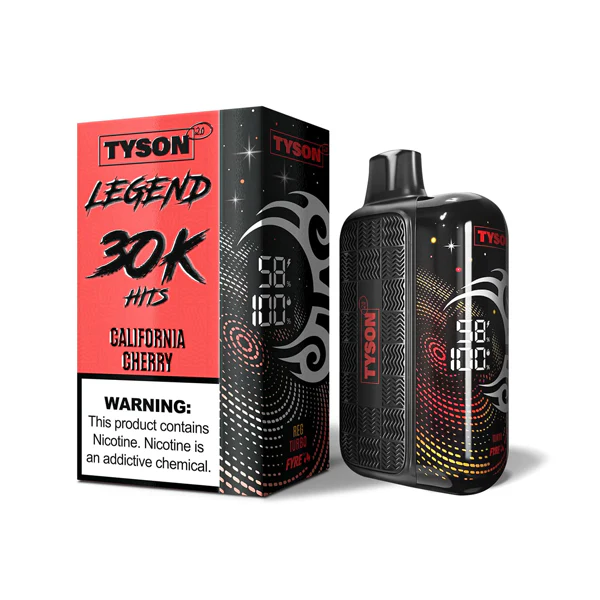 California Cherry Tyson 2.0 Legend 30K disposable vape with cherry-themed artwork.