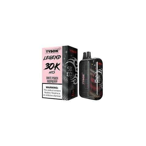A 16ml White Peach Raspberry Tyson 2.0 Legend 30K disposable vape with white peach and raspberry-themed artwork. by Vape4Less.