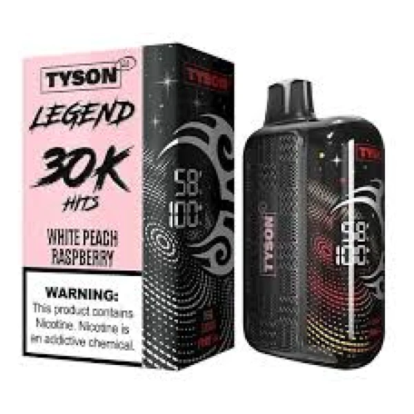 White Peach Raspberry Tyson 2.0 Legend 30K disposable vape with white peach and raspberry-themed artwork.