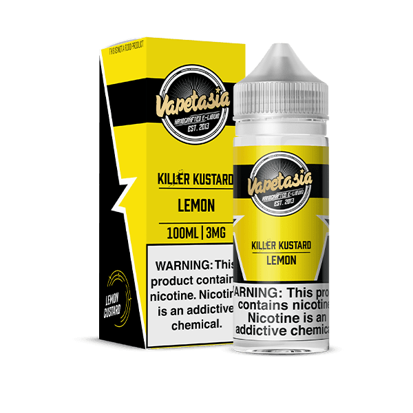 A 100ml Killer Kustard Lemon Vapetasia 100mL e-liquid bottle by Vape4Less.