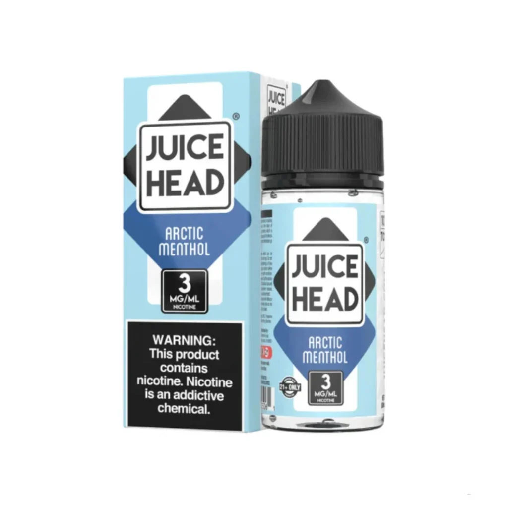 A 100ml bottle of Arctic Menthol Juice Head e-liquid bottle featuring icy blue menthol-themed label artwork. by Vape4Less.