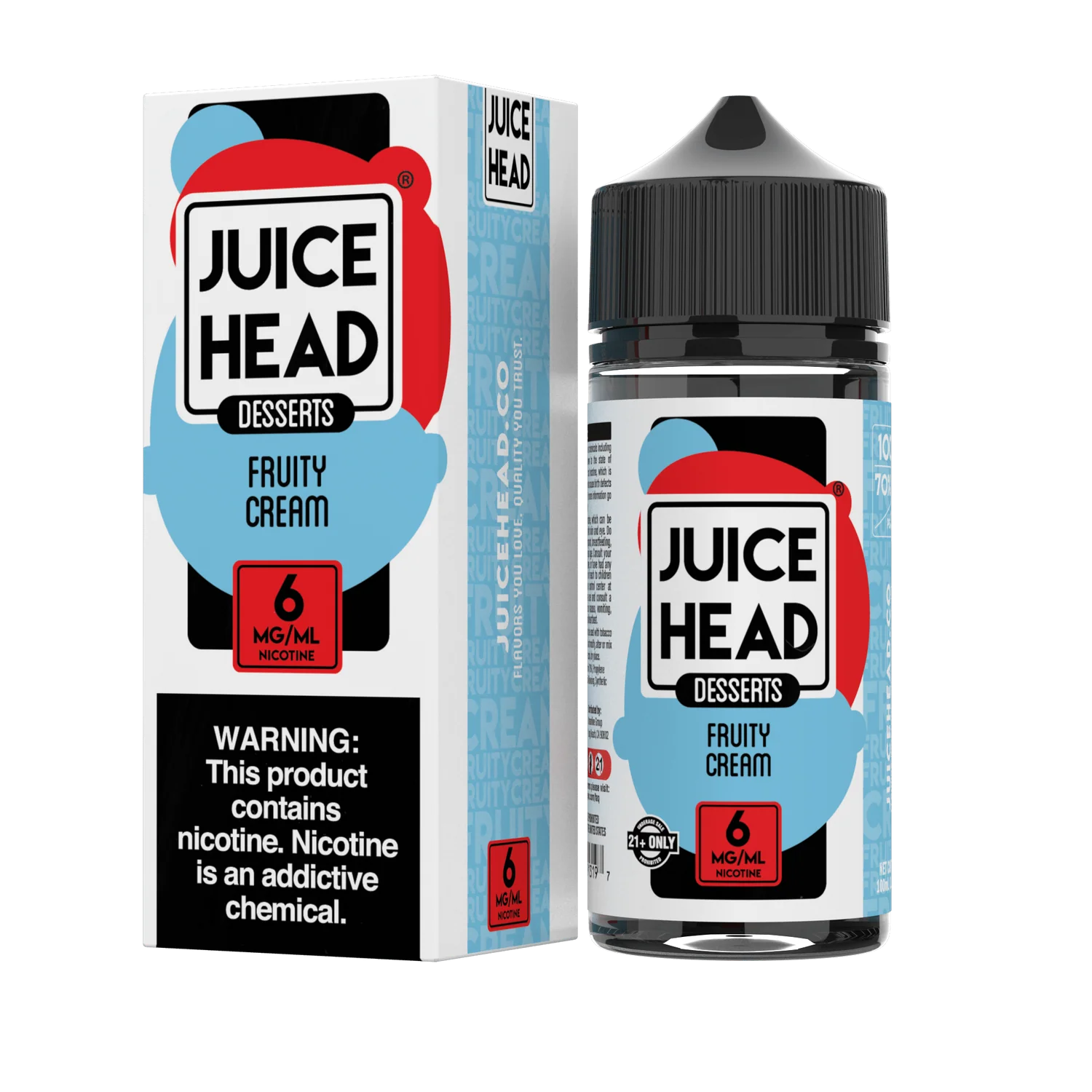 A 100ml bottle of Fruity Cream Juice Head e-liquid bottle featuring mixed fruit and creamy dessert-themed label artwork. by Vape4Less.