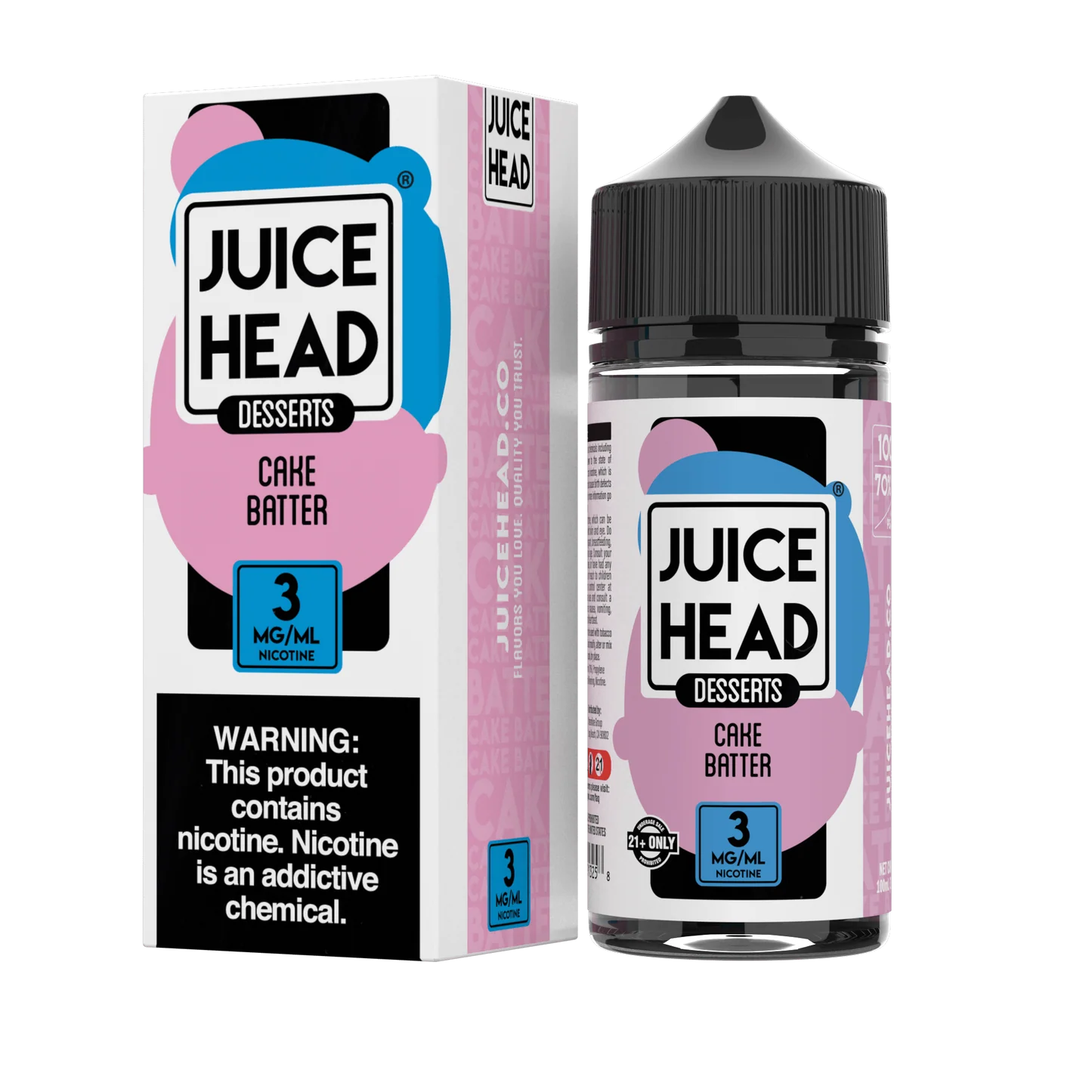 A 100ml bottle of Cake Batter Juice Head e-liquid bottle with vanilla cake batter dessert artwork on the label. by Vape4Less.